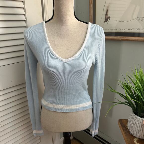 Vintage RAMPAGE Sweater Womens Medium Blue Cropped Plunging V-Neck Ribbed Y2K - Picture 1 of 8